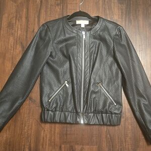 Michael Kors Black Faux Perforated Leather Bomber Jacket XS